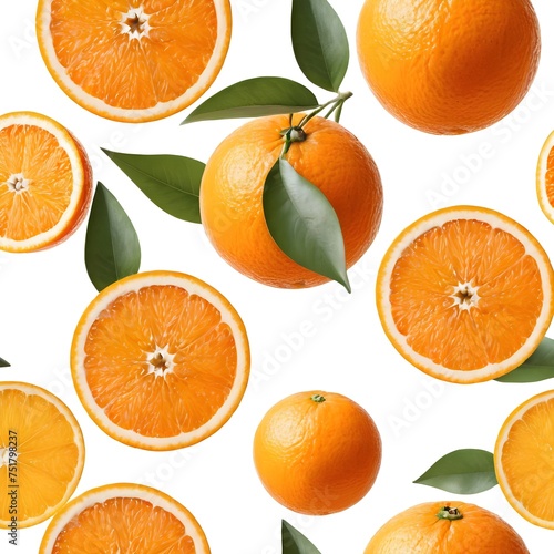 Fresh Orange With Leaf Beside Sliced Segments on a White Background