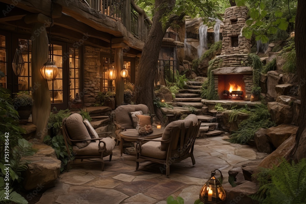 Rustic Lounge Oasis: Cascading Waterfalls, Stone Pathways, and Fire Pit Charm