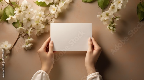 An envelope with a mock-up of a note made of blank paper in the hands of a woman and flowers on the table. View from above. An invitation, a postcard and a letter.