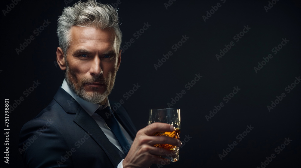 bearded man with a glass of whiskey dark background