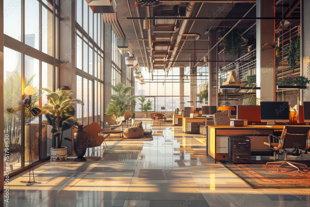 Naklejka premium modern office interior. free open work space with large panoramic windows. work room in modern design.office foyer