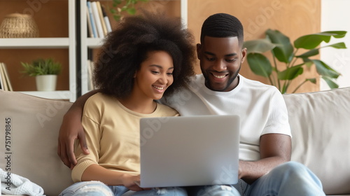 Loving happy beautiful african american couple in stylish casual outfit sitting on couch at home, embracing, using laptop, watching movie online