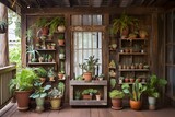Rustic Porch Elegance: Reclaimed Material Art Displays and Salvaged Door Frames with Potted Plants