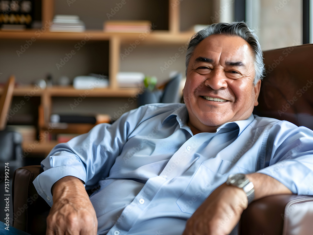 Obraz premium Portrait of a mature experienced senior hispanic business man taking a break in her chair in his home office
