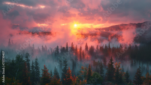 Sunrise landscape with misty forest, distant mountains and sunrise sky. © Matthew