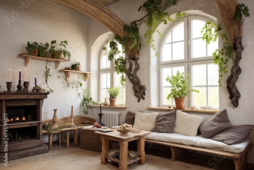 Rustic Scandinavian Living Room with Grape and Vine-themed Decor: Grapevine Wreaths on Stucco Walls © Michael