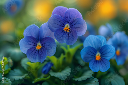 Flowering Violaes in summer garden , macro photography, photorealism.