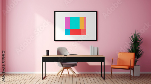 A colorful office interior featuring a blank white empty frame, displaying a minimalist black and white photograph.