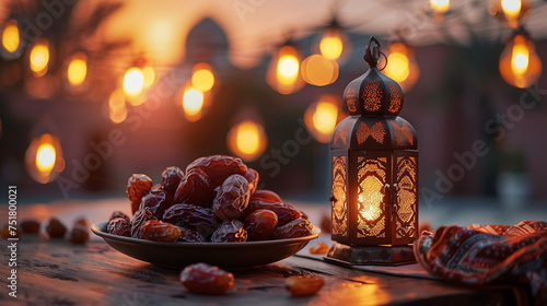 Date fruits in an arabic design plate with a lantern on a wooden table with the mosque blurry background