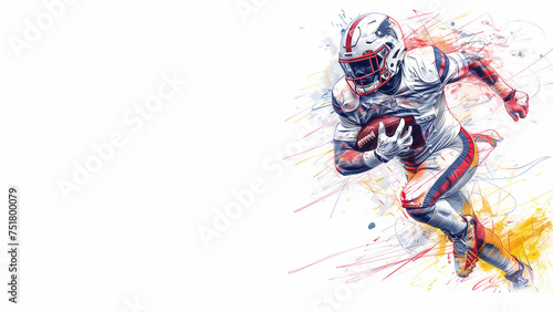 Running American football player isolated on white background, holding a football in his right hand. Pencil and splatter colour illustration, copy space, horizontal banner 16:9