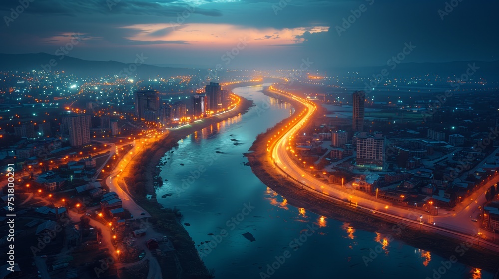 A stunning aerial view of a city at night with a river cutting through, reflecting the azure sky and city lights. The natural landscape enhanced by the water resources creates a tranquil atmosphere