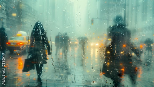 A group of people stroll down a city street in the rain, passing by towering buildings in downtown. The atmospheric phenomenon adds a touch of darkness to the event photo
