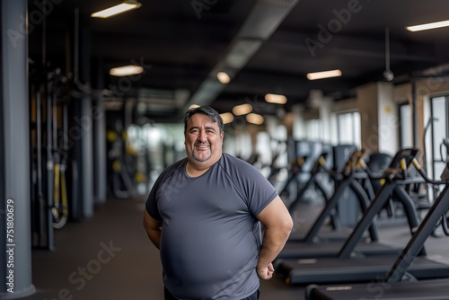 A happy middle-aged man stands proudly in front of a row of treadmills at the gym, confidently looking at the camera.