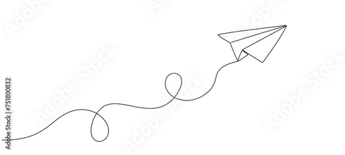 Paper airplane flight with one continuous editable line. Concept of email, travel,business trip. Vector abstract illustration.