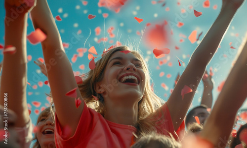 A woman wearing a red shirt is surrounded by colorful confetti in this dynamic scene.