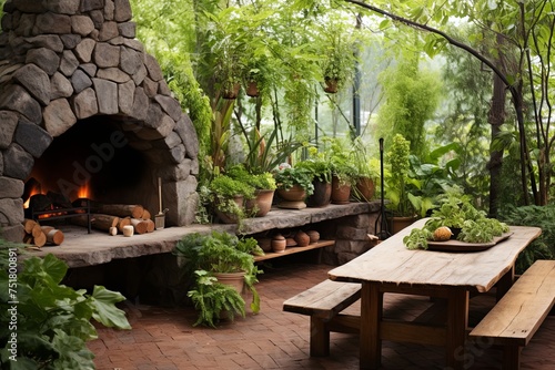 Scandinavian Stone Oven Patio: Rustic Designs, Wooden Benches, Green Foliage