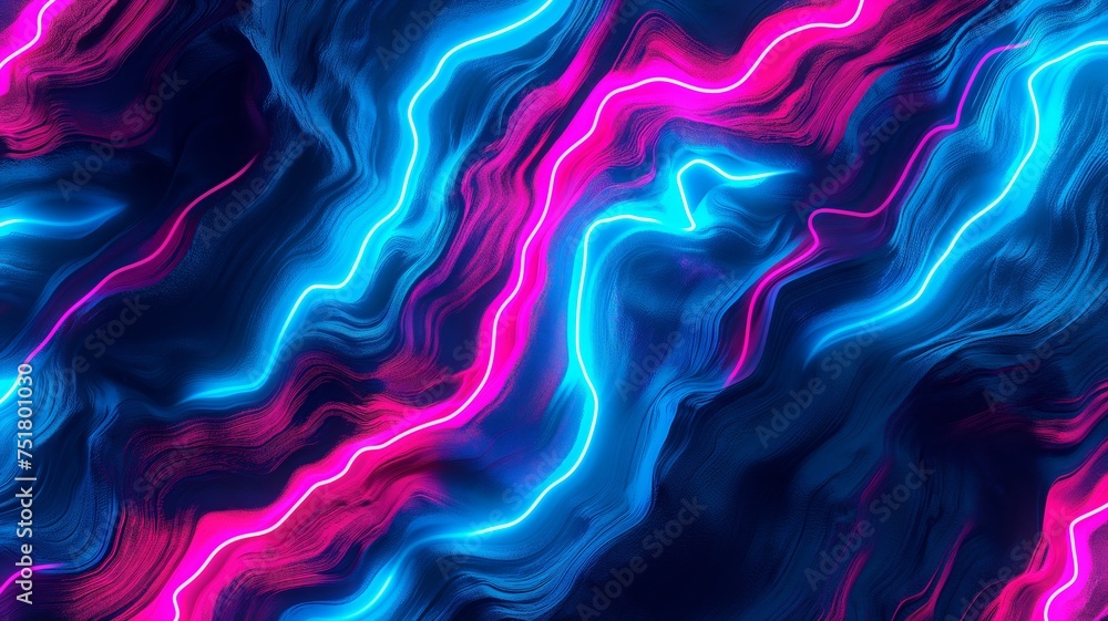 Vibrant Neon Waves Abstract Background in Blue and Pink, Dynamic Digital Art Wallpaper, Futuristic Flow Concept
