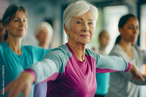 Group of elderly women participating in a yoga class led by an instructor in a gym setting.