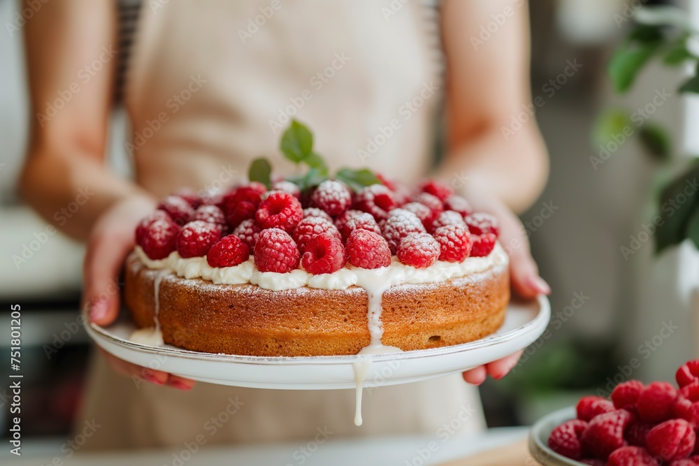 An anonymous female in an apron holding a cake topped with fresh raspberries. An anonymous female in an apron holding a cake topped with fresh raspberries.
