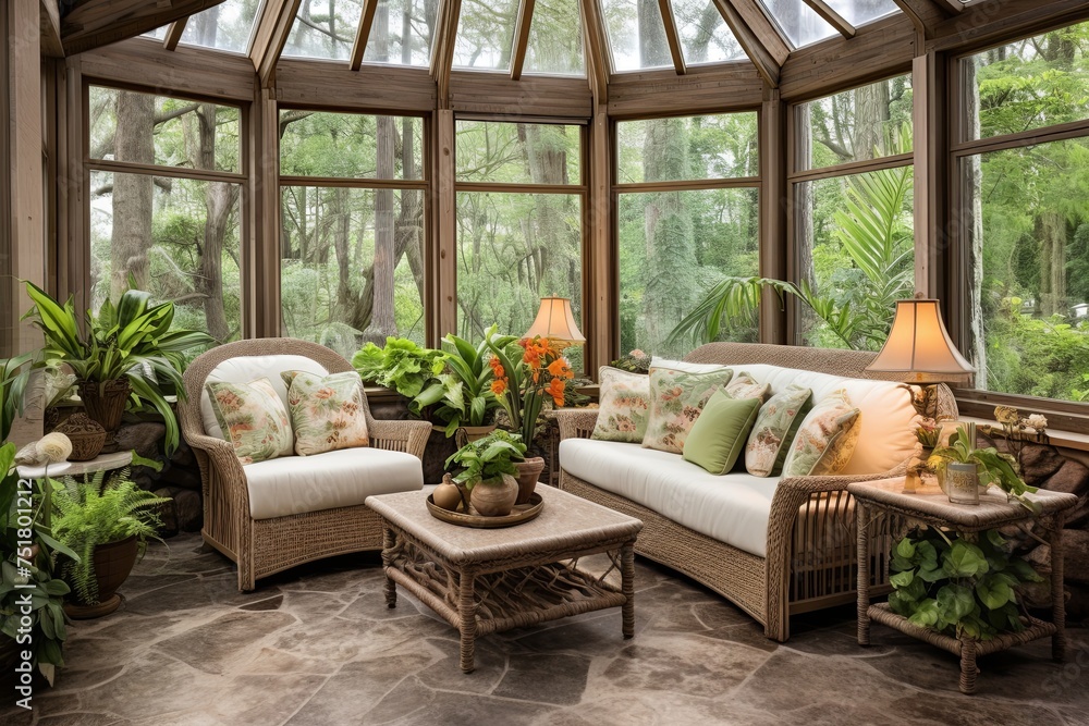 Rustic Sunroom Oasis: Coral and Seashell Accents, Stone Fountains, Lush Fern Displays Rustic Sunroom Oasis: Coral and Seashell Accents, Stone Fountains, Lush Fern Displays