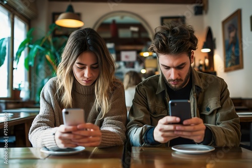 A young couple absorbed in their smartphones while at a cafe.