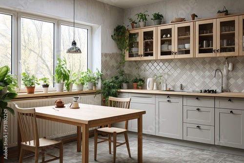 Scandinavian Kitchen: Green Plant Decor & Intricate Tilework Patterns with Pendant Lights