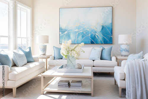 Sunlit elegance in a contemporary living room featuring oceanic blues and crisp whites, with coral accents adding a touch of summer charm to the sophisticated coastal retreat