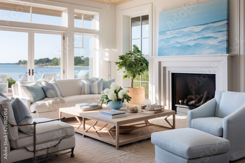 Sunlit elegance in a contemporary living room featuring oceanic blues and crisp whites  with coral accents adding a touch of summer charm to the sophisticated coastal retreat