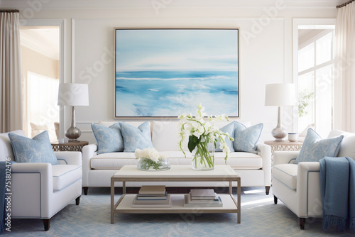 Sunlit elegance in a contemporary living room featuring oceanic blues and crisp whites  with coral accents adding a touch of summer charm to the sophisticated coastal retreat