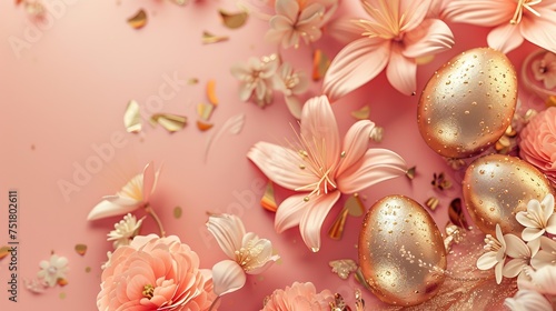 Elegant golden Easter eggs among spring flowers on a pink background