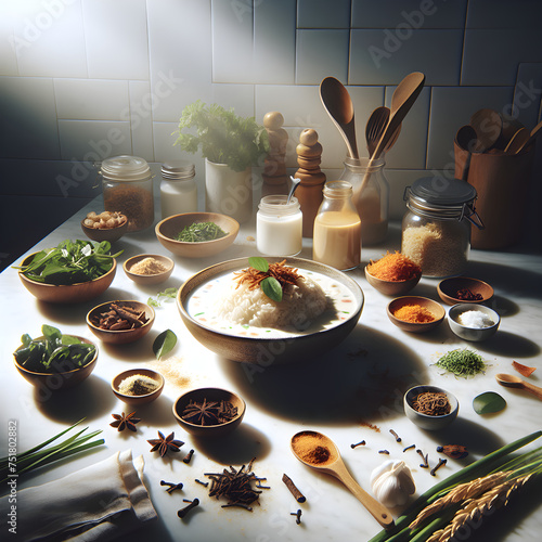 Nasi Uduk Traditional Meal with Herbs on Marble Counter photo