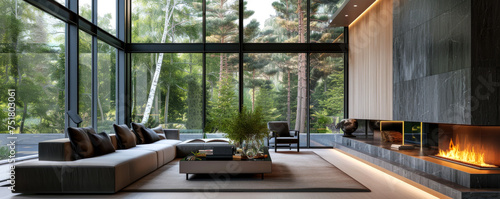 modern interior of a large living room with a fireplace with large panoramic windows in a large modern house