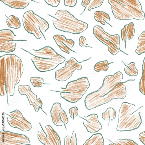 Seamless abstract botanical pattern. Simple background in green, brown, white. Leaves. Digital pencil texture. Design for textile fabrics, wrapping paper, background, wallpaper, cover. © Noosya