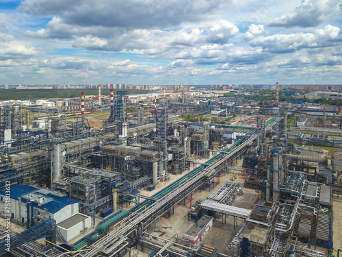 Panoramic view of a large modern oil refinery.