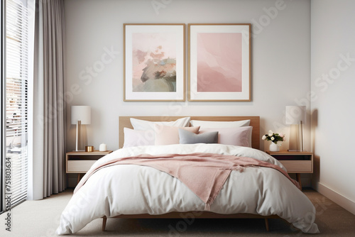 Tranquil simplicity in a bedroom with a blank white frame on a wall adorned with soft, pastel-hued artwork.