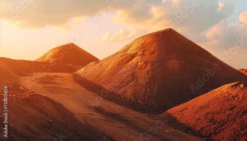 Grey coal hills against the sunset sky