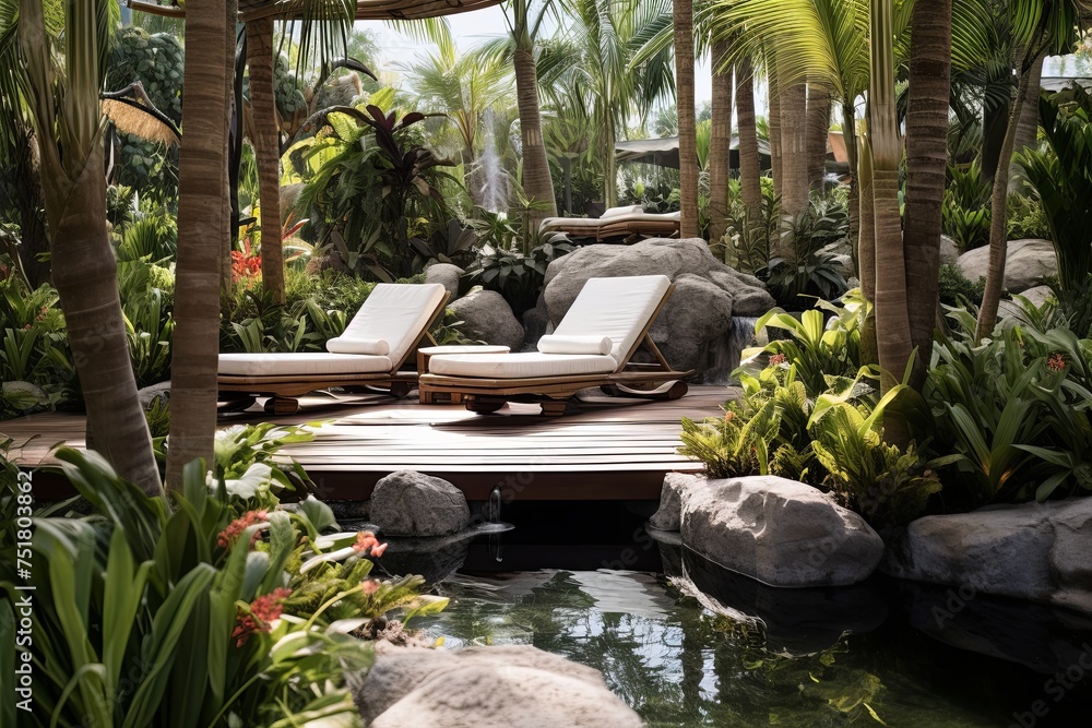 Tranquil Palm Grove Oasis: Serene Rock Garden and Bamboo Lounges in Tropical Setting