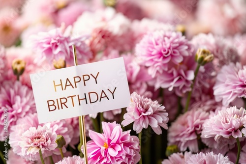 HAPPY BIRTHDAY in pink flowers with card and golden stick Generative AI
