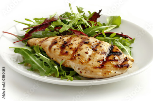 Grilled chicken fillet with salad on a white plate, white background in a restaurant