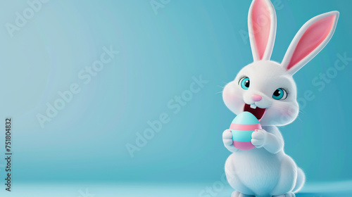 ai generative illustration of a white funny easter bunny holding an egg against blue background with copyspace