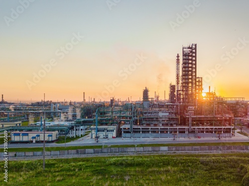 Sunset aerial view of an oil refinery.