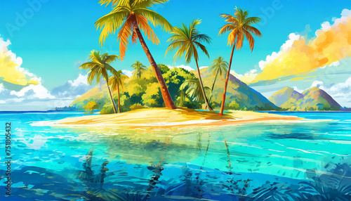 Oil painting on tropical landscape with sandy beach  mountains  palm trees and blue ocean. Paradise island.