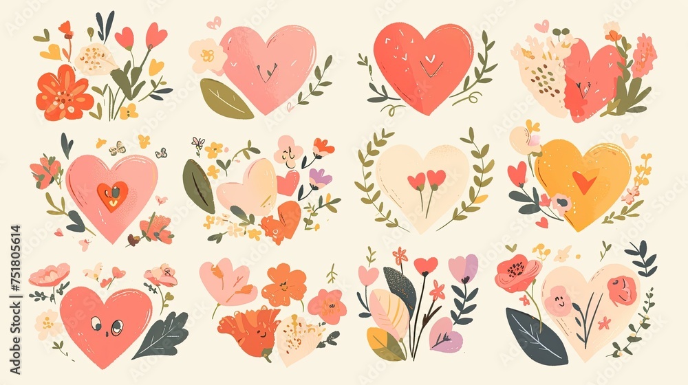 The image shows a charming collection of heart illustrations surrounded by various flowers and leaves, in a gentle color palette The image shows a charming collection of heart illustrations surrounded by various flowers and leaves, in a gentle color palette