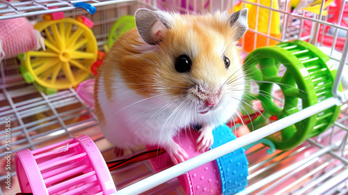 A hamster digging in his cage, surrounded by toys and running whee photo