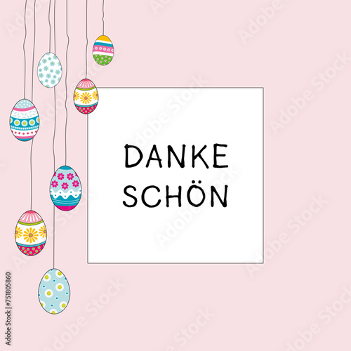 Dankeschön - Schriftzug in deutscher Sprache. Quadratische Dankeskarte mit hängenden Ostereiern auf einem rosafarbenen Rahmen.