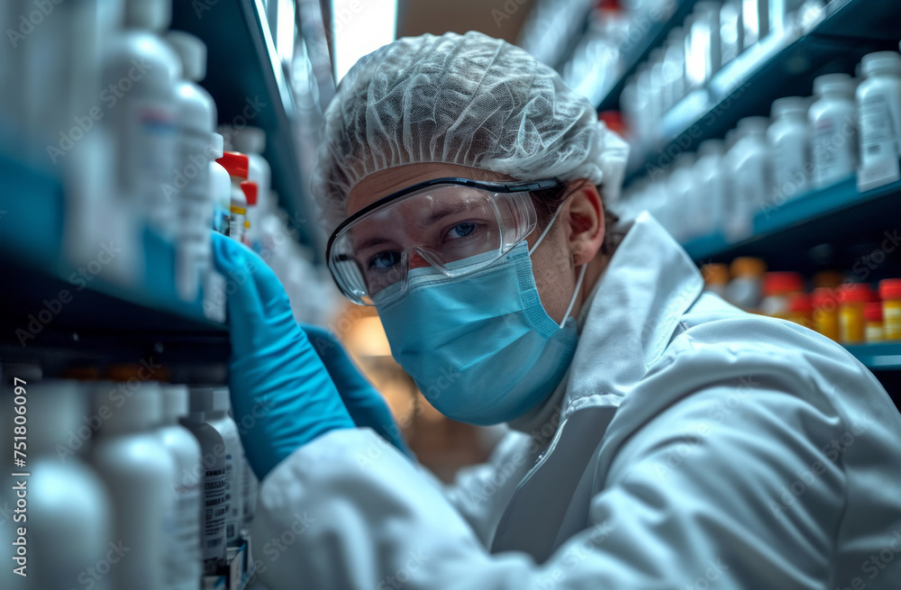 Scientist works in lab wearing mask and goggles. Scientist works in lab wearing mask and goggles.