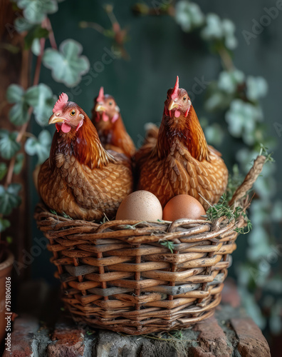 Chickens in basket with eggs