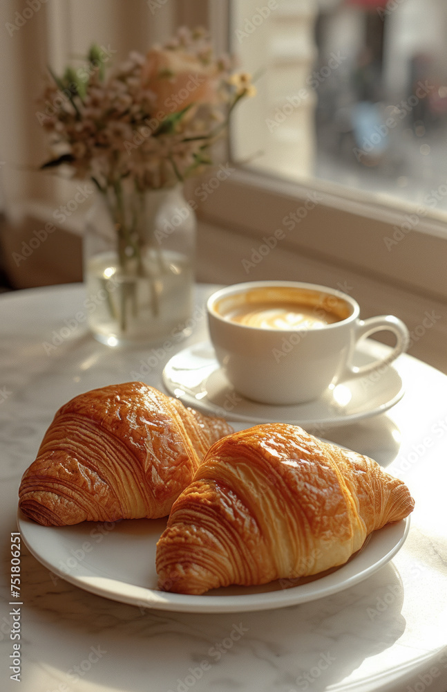 Croissants and coffee on table in cafe