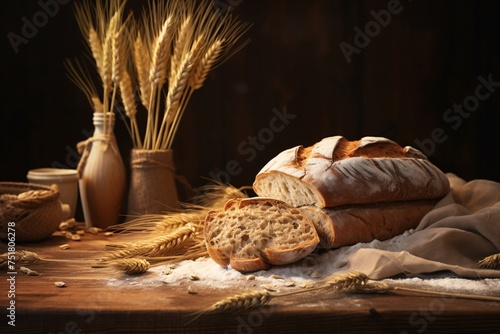 a loaf of bread and wheat on a table