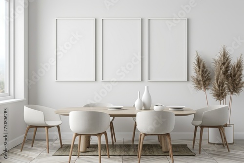 poster mockup, white frame. In the modern interior of the living room dining room